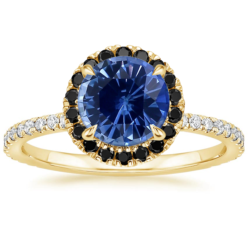 18K Yellow Gold Waverly Halo Diamond Ring with Black Diamond Accents, large top view