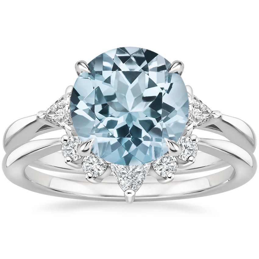 PT Aquamarine Trillion Three Stone Diamond Engagement Ring with Hadley Contoured Diamond Ring, top view