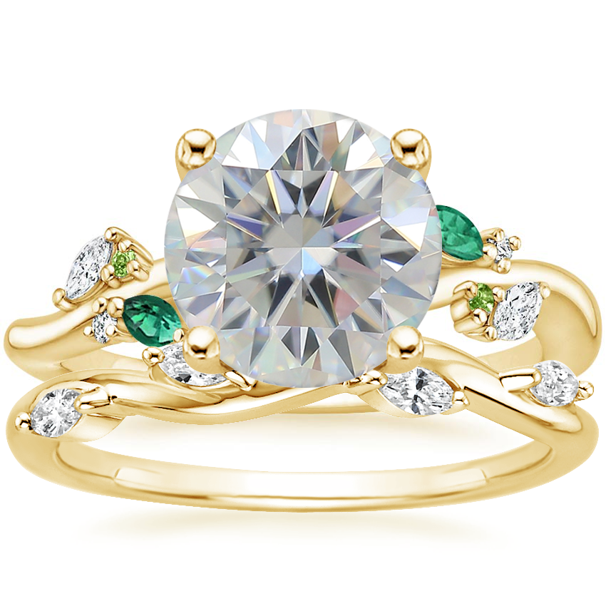 18K Yellow Gold Arden Diamond Ring with Lab Emerald Accents with Winding Willow Diamond Ring