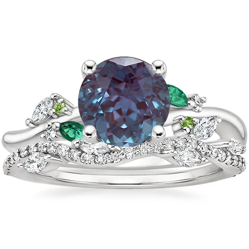 18K White Gold Arden Diamond Ring with Lab Emerald Accents with Luxe Winding Willow Diamond Ring (1/4 ct. tw.)