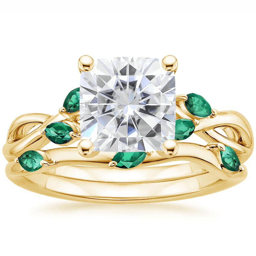 18KY Moissanite Willow Bridal Set With Lab Emerald Accents, top view
