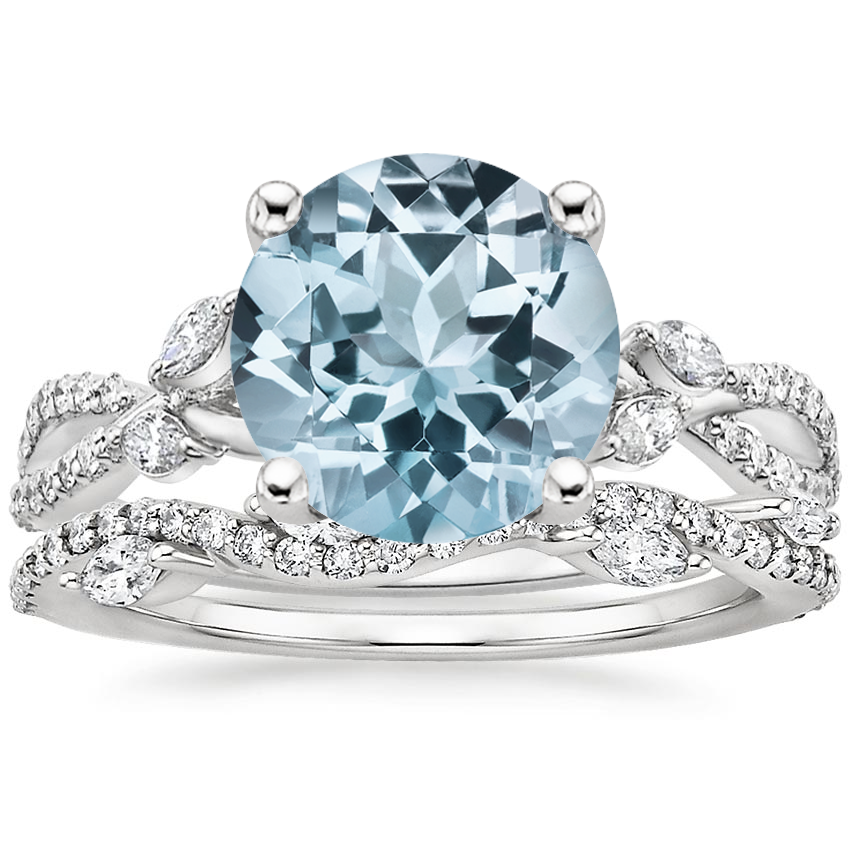 18KW Aquamarine Luxe Willow Diamond Ring (1/4 ct. tw.) with Luxe Winding Willow Diamond Ring (1/4 ct. tw.), top view