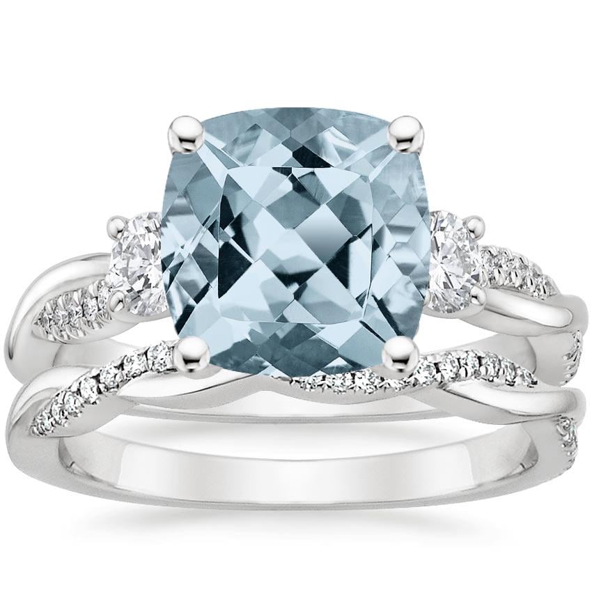 18KW Aquamarine Three Stone Petite Twisted Vine Diamond Bridal Set (1/2 ct. tw.), top view