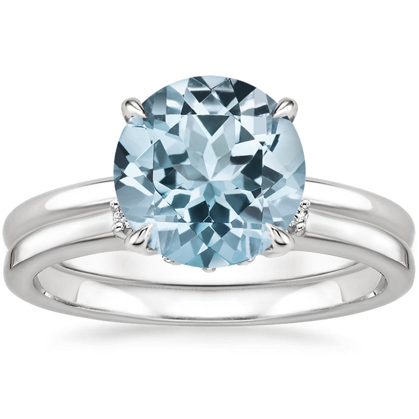 18KW Aquamarine Elodie Ring with Crescent Diamond Ring, top view