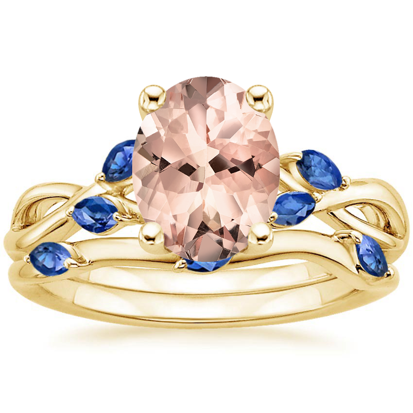 18KY Morganite Willow Bridal Set With Sapphire Accents, top view