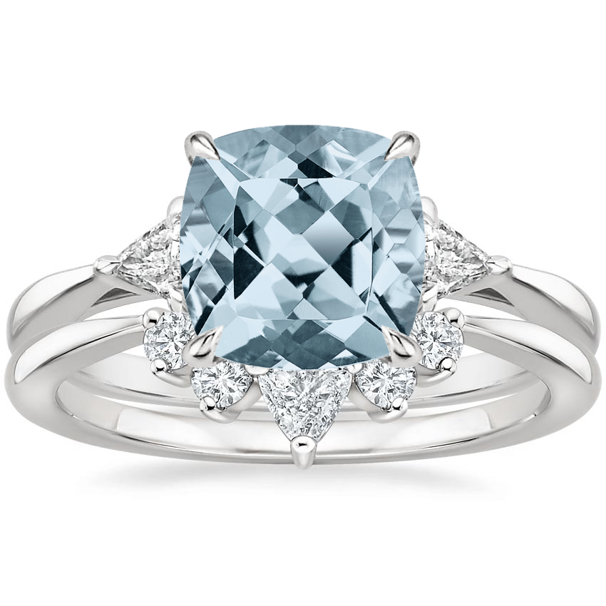 PT Aquamarine Trillion Three Stone Diamond Engagement Ring with Hadley Contoured Diamond Ring, top view