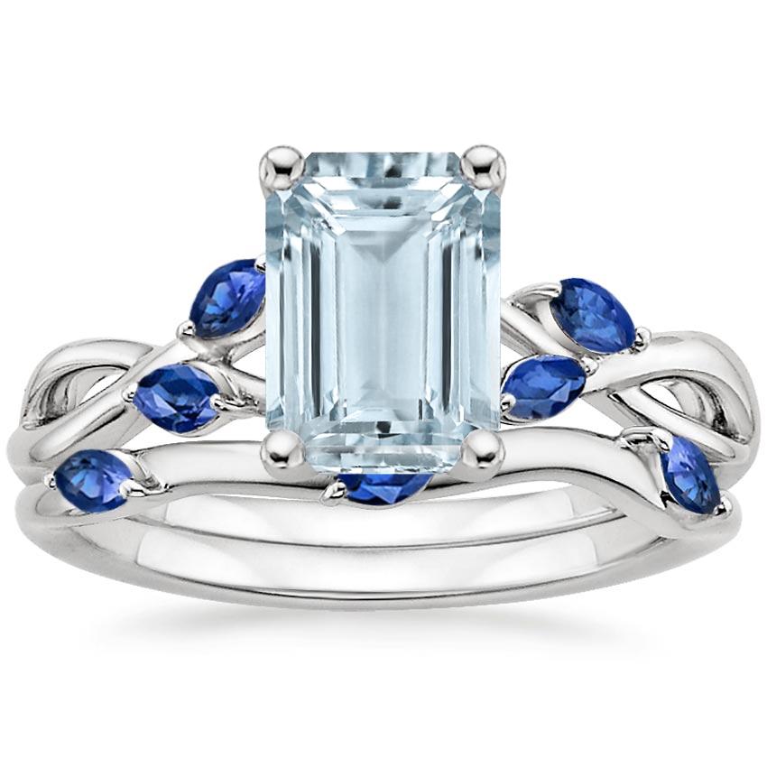 18KW Aquamarine Willow Bridal Set With Sapphire Accents, top view