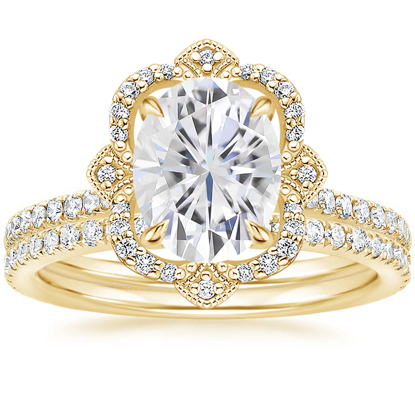 18KY Moissanite Reina Diamond Ring with Luxe Ballad Diamond Ring (1/4 ct. tw.), top view