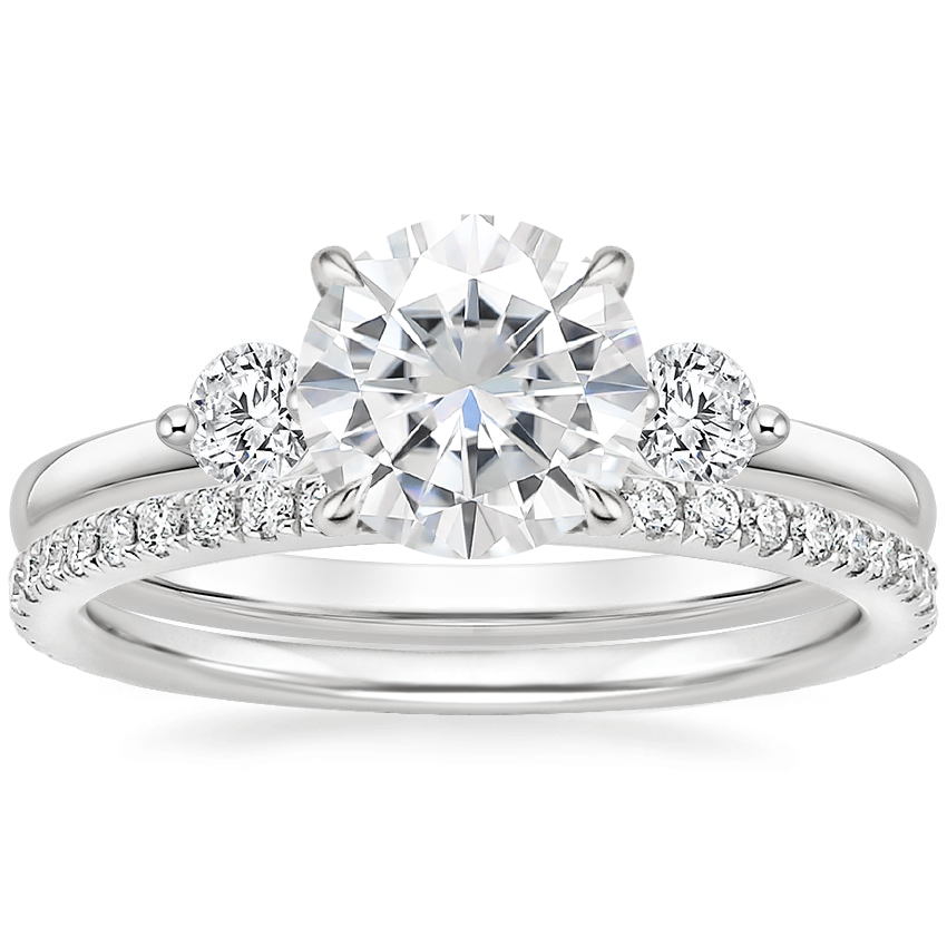 18KW Moissanite Perfect Fit Three Stone Diamond Ring with Luxe Ballad Diamond Ring, top view