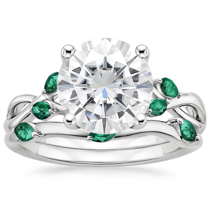 18KW Moissanite Willow Bridal Set With Lab Emerald Accents, top view
