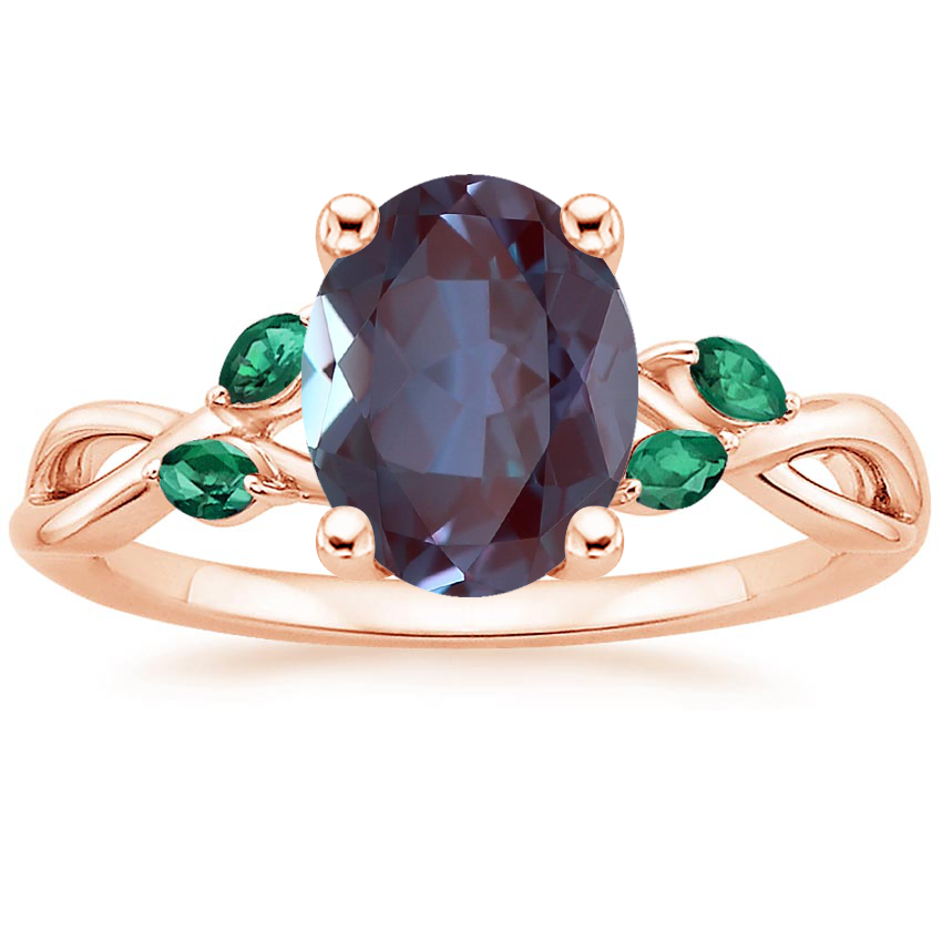 14K Rose Gold Willow Ring With Lab Emerald Accents, large top view