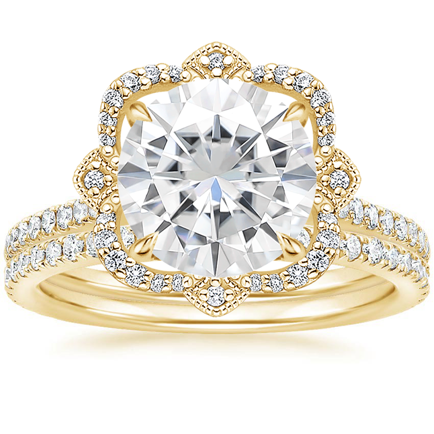 18KY Moissanite Reina Diamond Ring with Luxe Ballad Diamond Ring (1/4 ct. tw.), top view