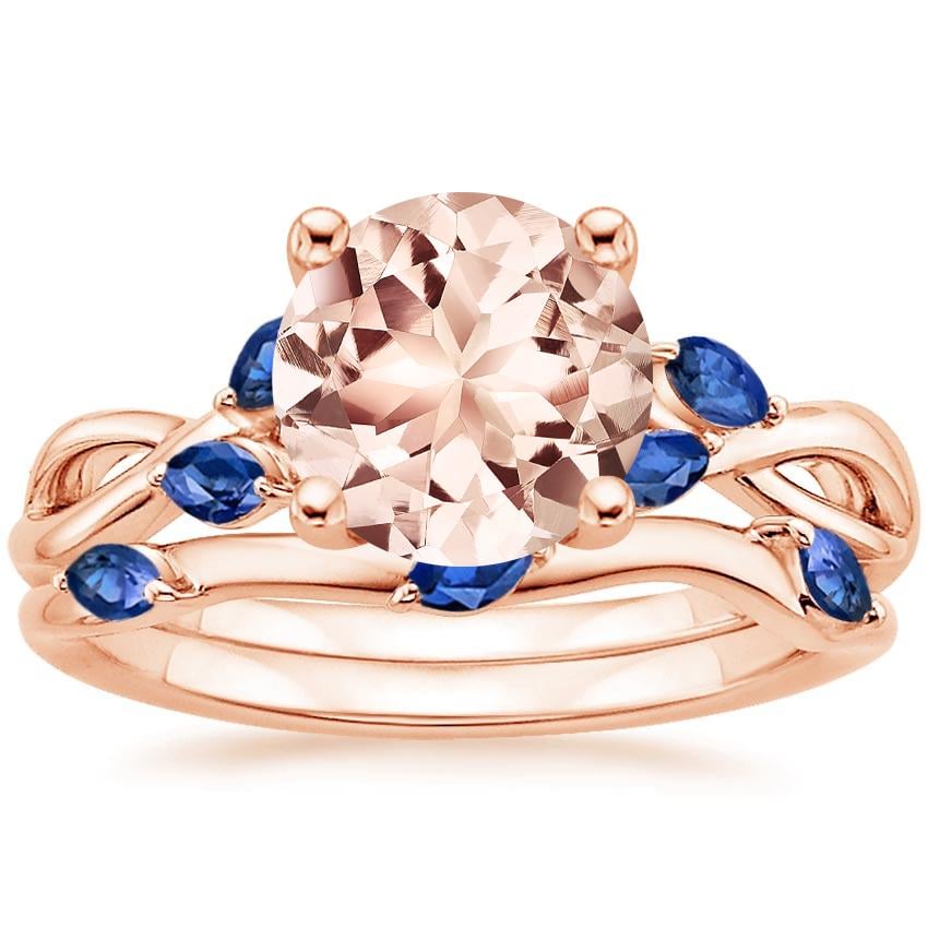 14KR Morganite Willow Bridal Set With Sapphire Accents, top view
