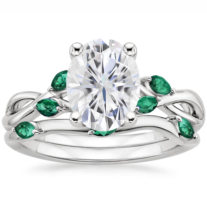 PT Moissanite Willow Bridal Set With Lab Emerald Accents, top view