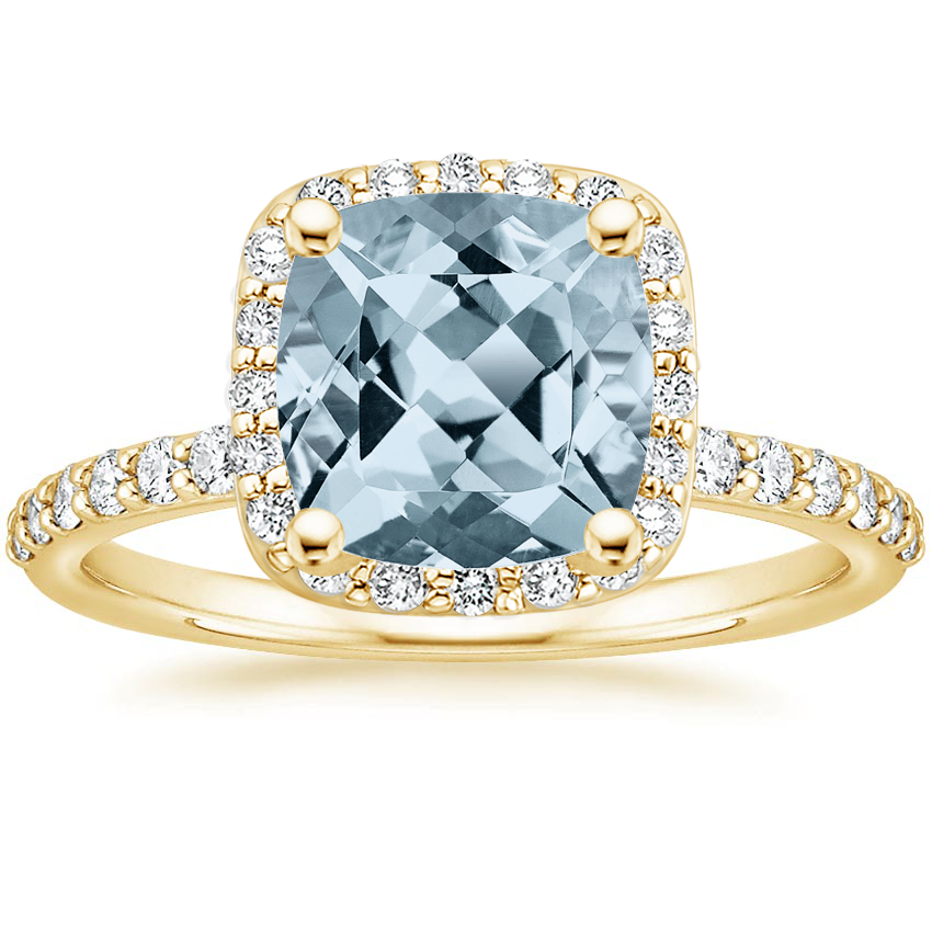 Yellow Gold Aquamarine Shared Prong Halo Diamond Ring