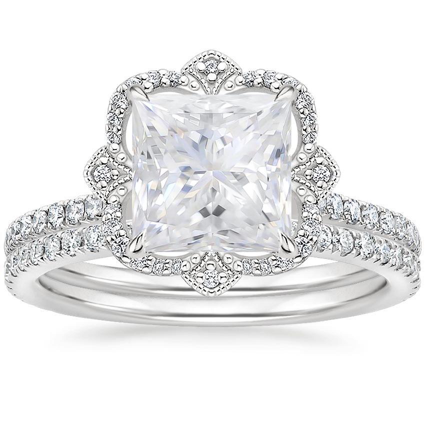 18KW Moissanite Reina Diamond Ring with Luxe Ballad Diamond Ring (1/4 ct. tw.), top view