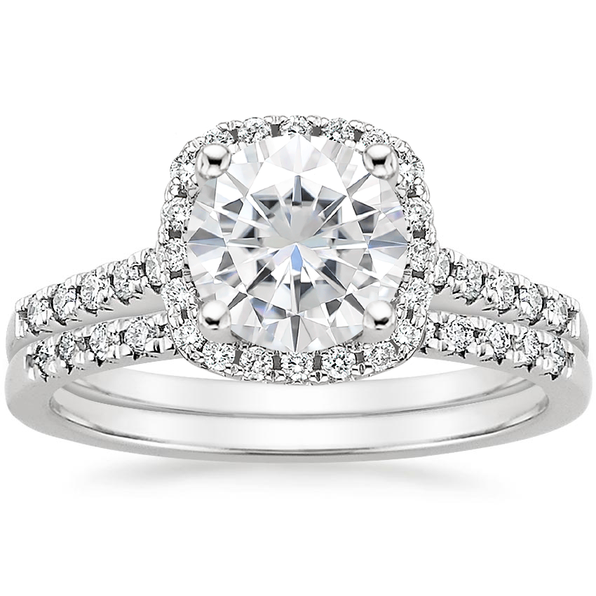 18KW Moissanite Odessa Diamond Ring (1/5 ct. tw.) with Sonora Diamond Ring (1/8 ct. tw.), top view