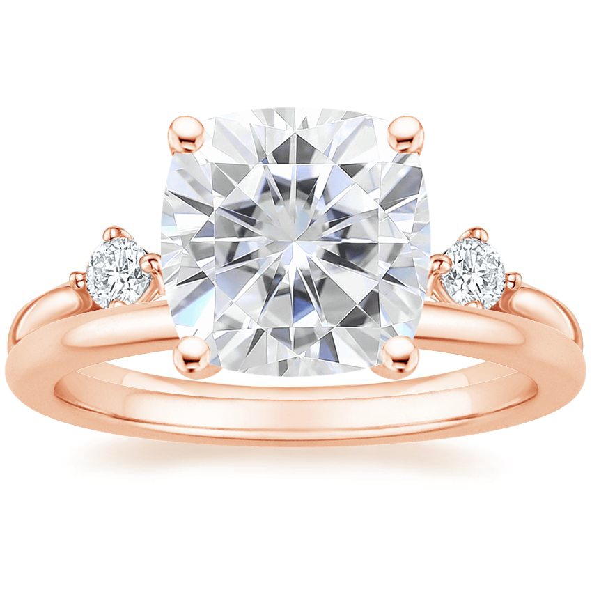 14K Rose Gold Three Stone Floating Diamond Ring with Petite Comfort Fit Wedding Ring