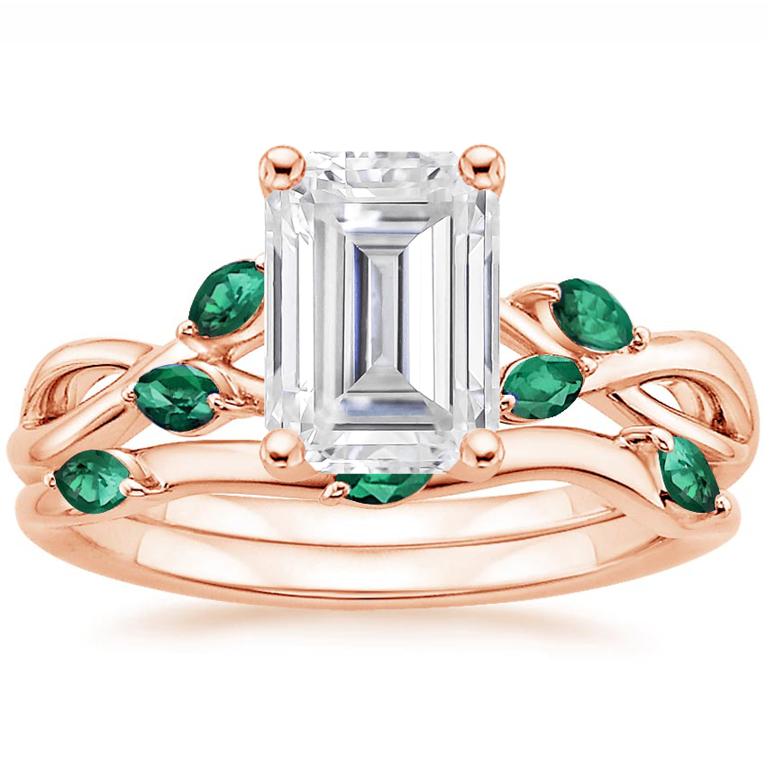 14KR Moissanite Willow Bridal Set With Lab Emerald Accents, top view