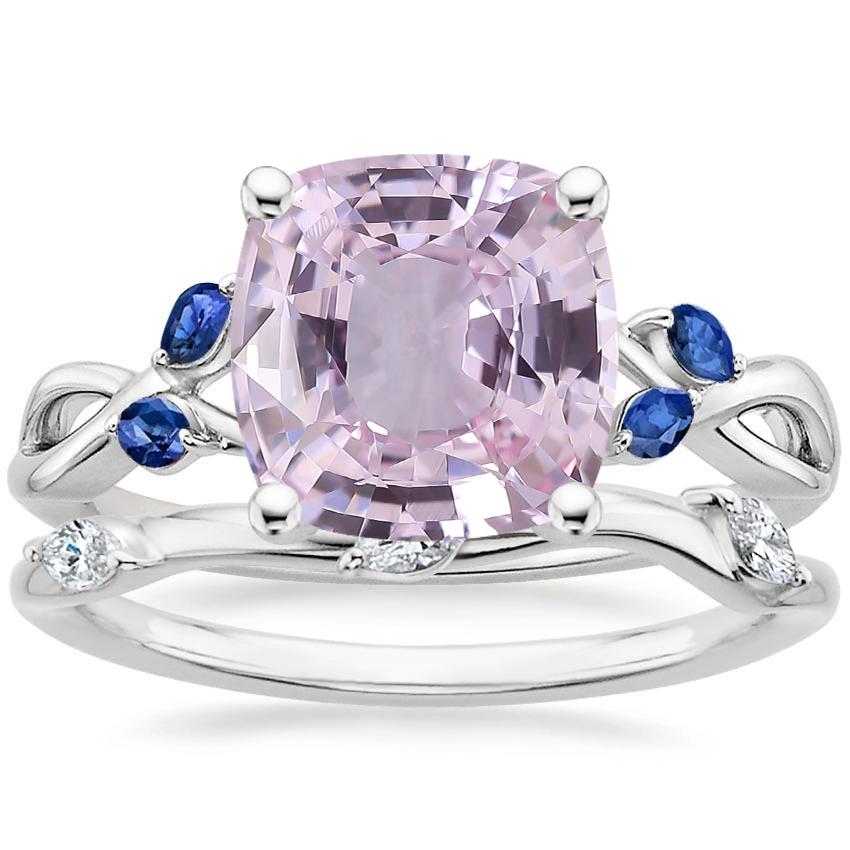 18K White Gold Willow Ring With Sapphire Accents with Willow Diamond Ring (1/10 ct. tw.)