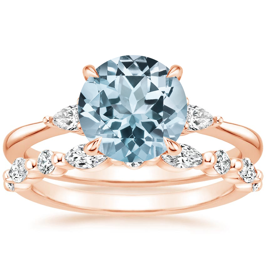 14KR Aquamarine Aria Diamond Ring (1/10 ct. tw.) with Versailles Diamond Ring (3/8 ct. tw.), top view