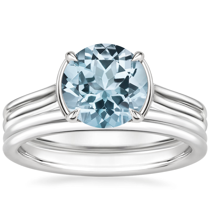 PT Aquamarine Jade Trau Alure Solitaire Ring with Sorella Double Wedding Ring, top view