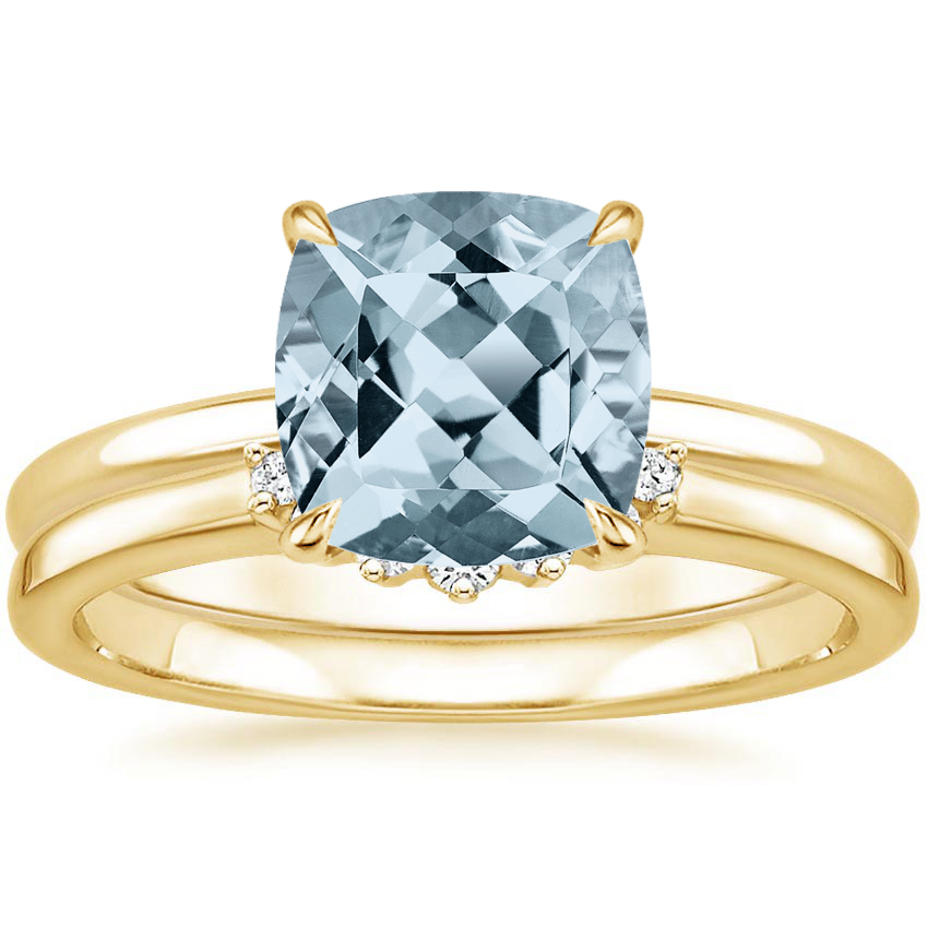 18KY Aquamarine Elodie Ring with Crescent Diamond Ring, top view