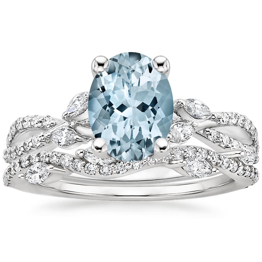 18KW Aquamarine Luxe Willow Diamond Ring (1/4 ct. tw.) with Luxe Winding Willow Diamond Ring (1/4 ct. tw.), top view