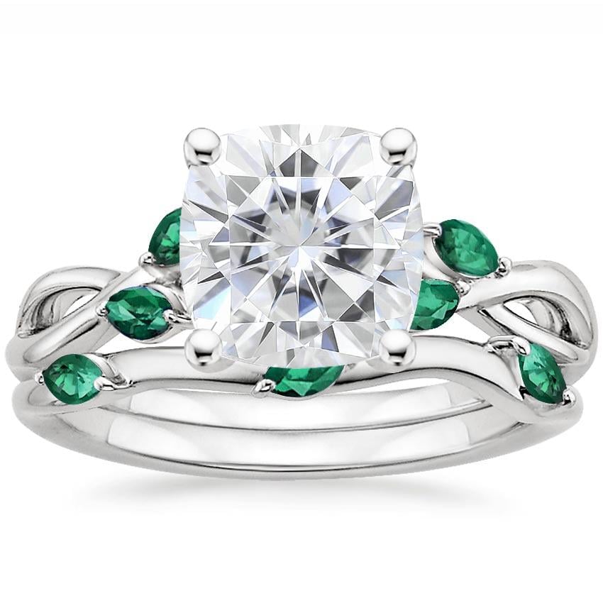 PT Moissanite Willow Bridal Set With Lab Emerald Accents, top view