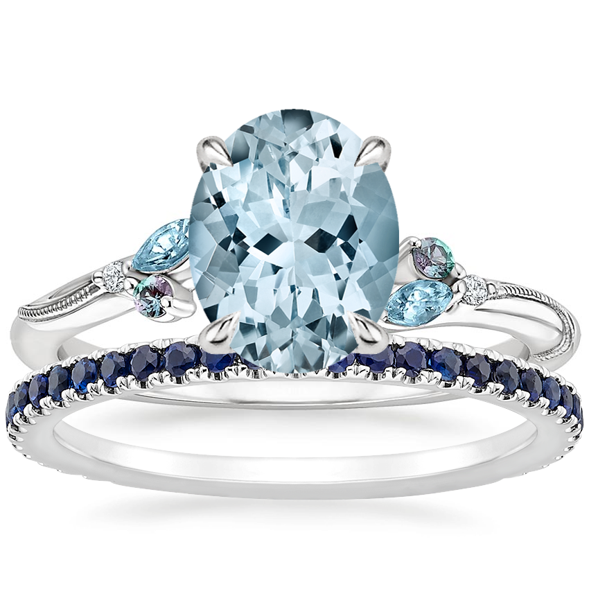 Platinum Camellia Indigo Milgrain Ring with Luxe Ballad Sapphire Ring
