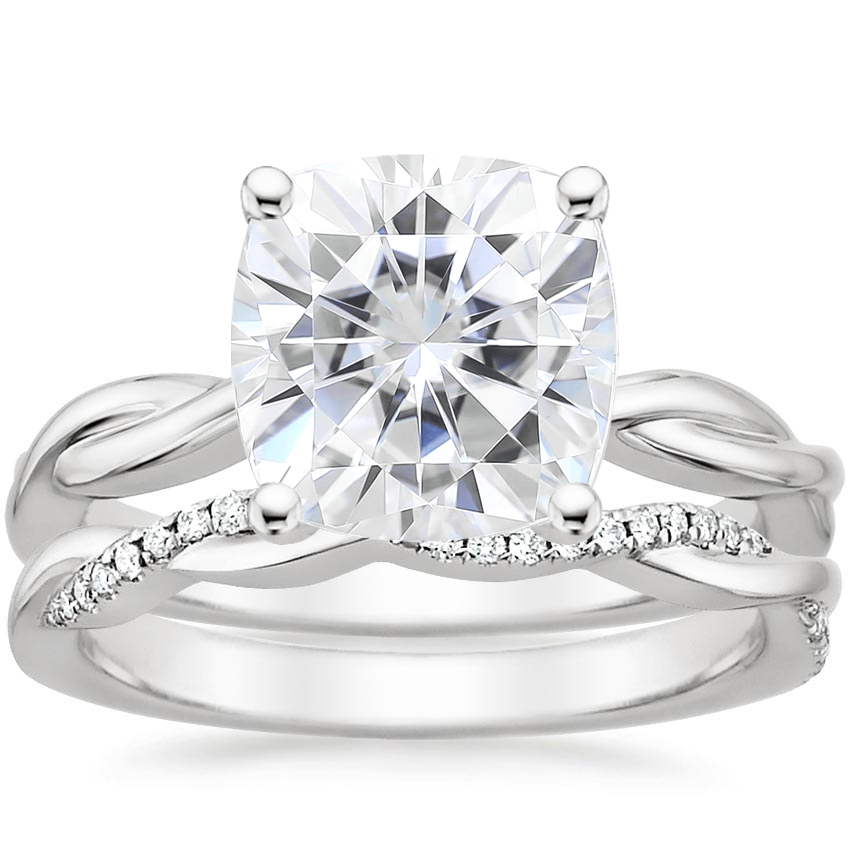 18KW Moissanite Twisted Vine Ring with Petite Twisted Vine Diamond Ring (1/8 ct. tw.), top view