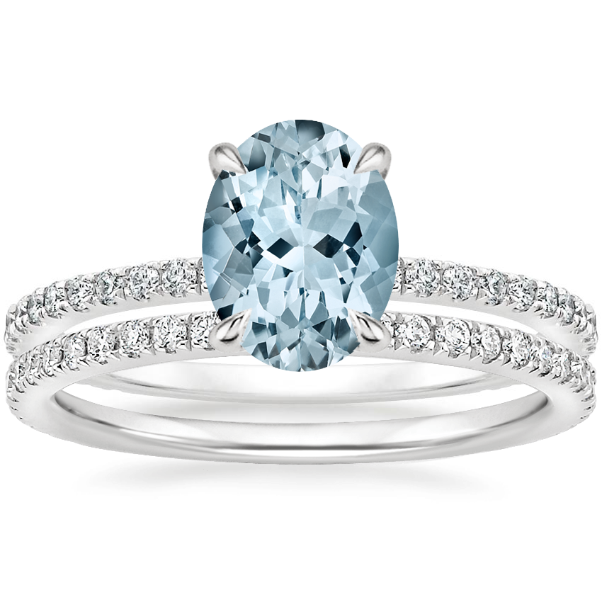 18KW Aquamarine Demi Diamond Ring with Luxe Ballad Diamond Ring, top view