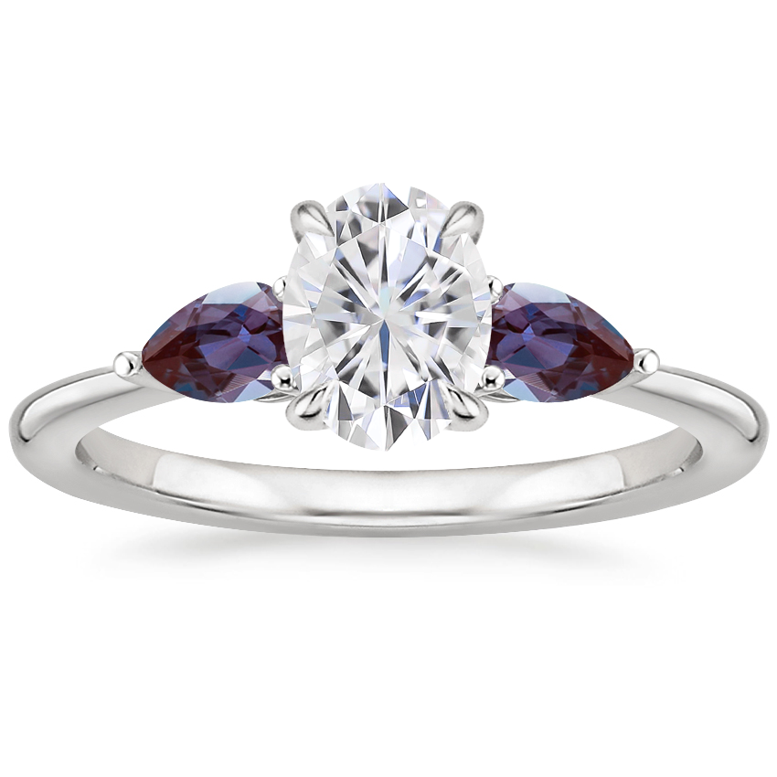 Moissanite Opera Ring with Lab Alexandrite Accents in 18K White Gold