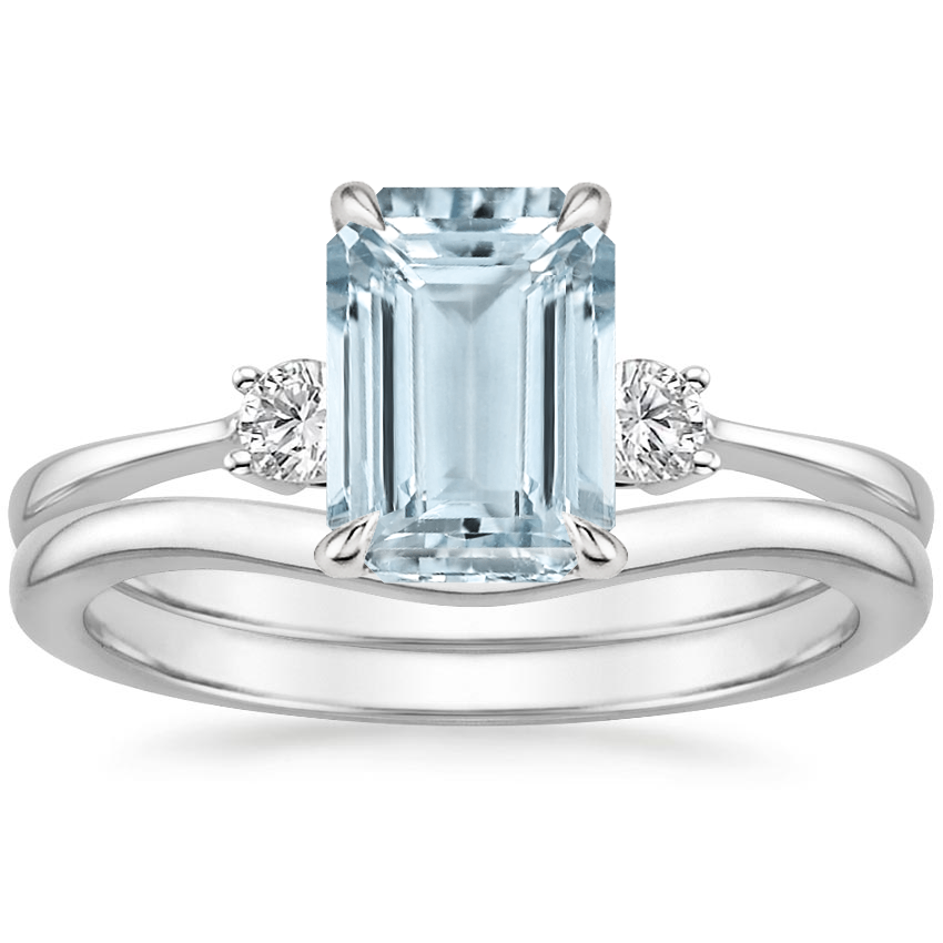 PT Aquamarine Selene Diamond Ring (1/10 ct. tw.) with Petite Curved Wedding Ring, top view