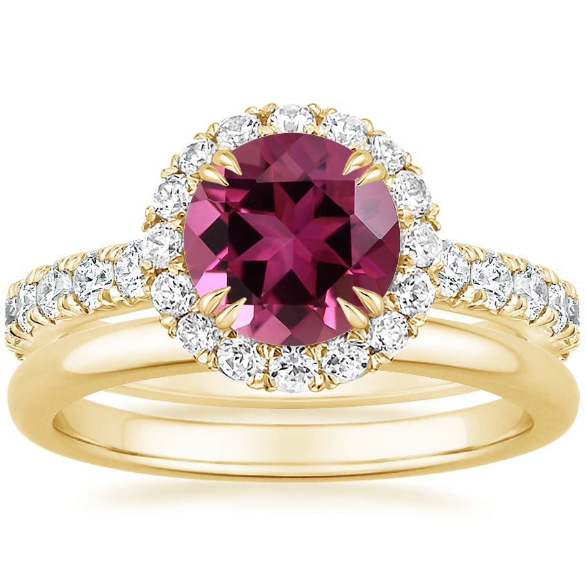 18K Yellow Gold Luxe Sienna Halo Diamond Ring (3/4 ct. tw.) with 2mm Comfort Fit Wedding Ring