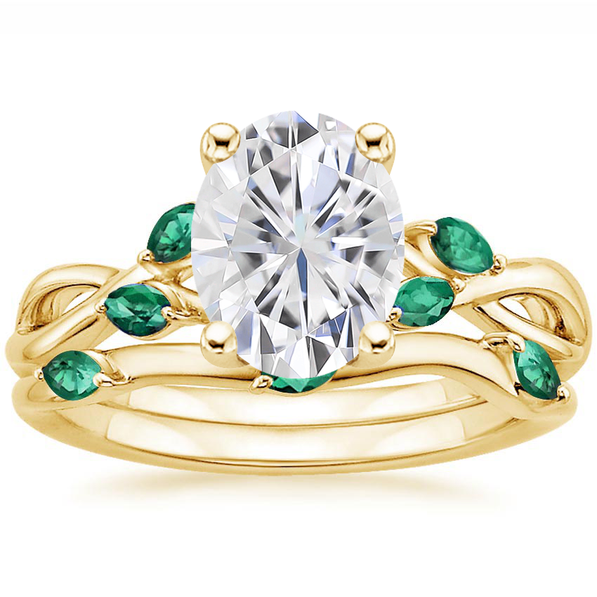18KY Moissanite Willow Bridal Set With Lab Emerald Accents, top view