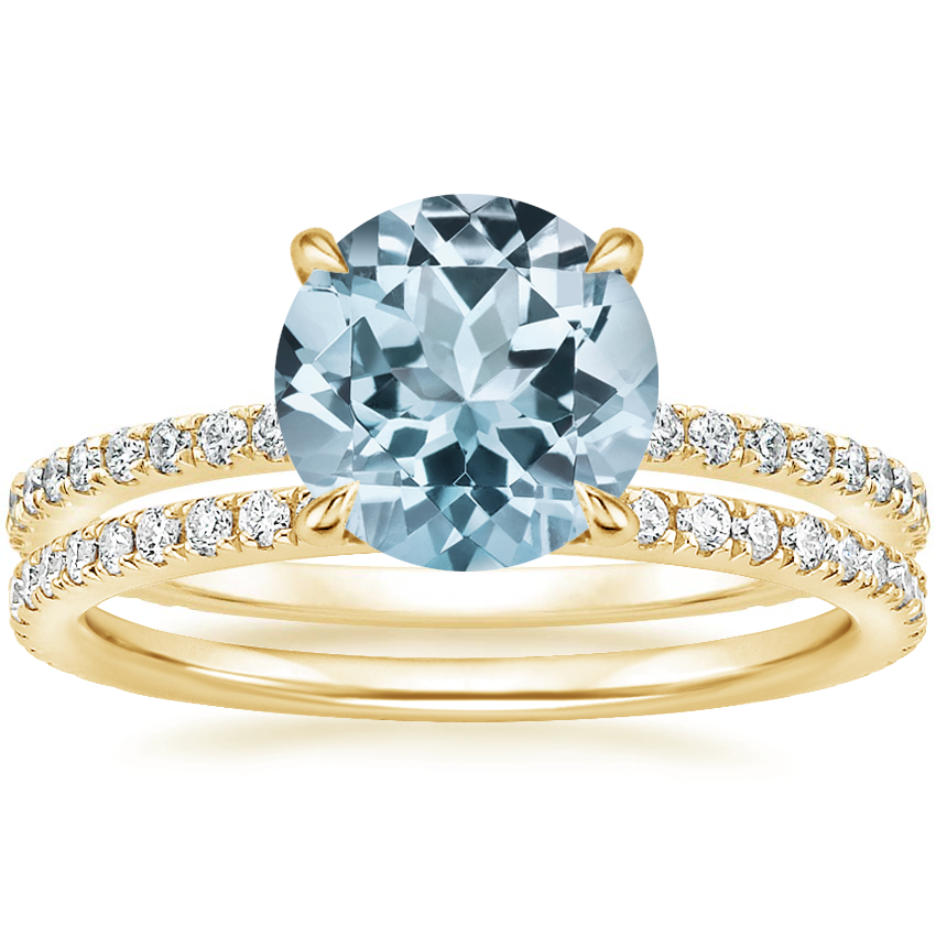 18KY Aquamarine Demi Diamond Ring with Luxe Ballad Diamond Ring, top view