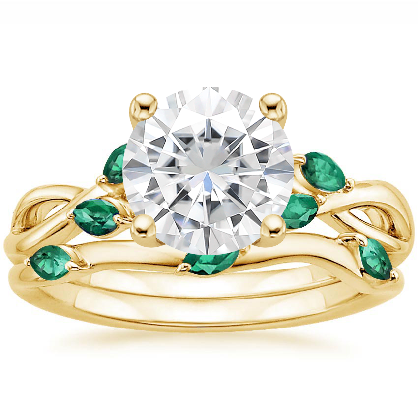 18KY Moissanite Willow Bridal Set With Lab Emerald Accents, top view