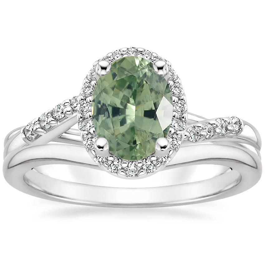 Platinum Chamise Halo Diamond Ring (1/5 ct. tw.) with Petite Curved Wedding Ring