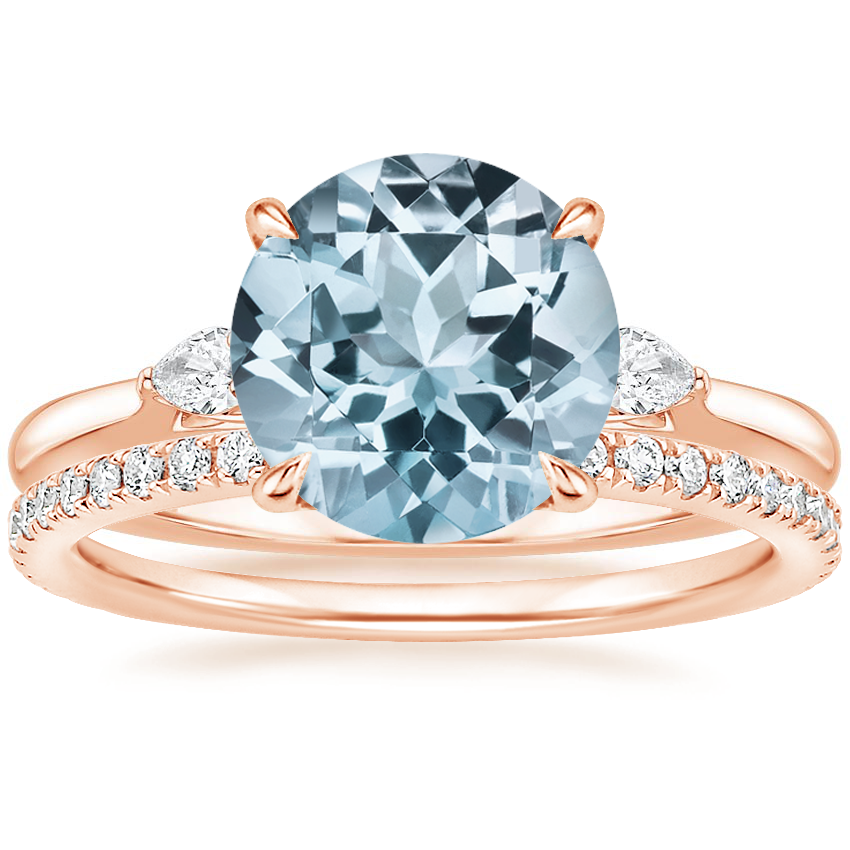 14KR Aquamarine Perfect Fit Three Stone Pear Diamond Ring with Luxe Ballad Diamond Ring, top view