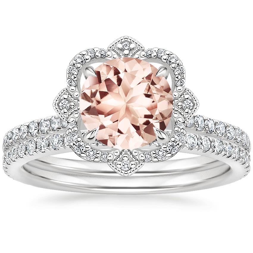 18KW Morganite Reina Diamond Ring with Luxe Ballad Diamond Ring (1/4 ct. tw.), top view