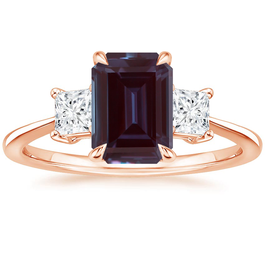 14K Rose Gold Princess Cut Three Stone Diamond Ring, large top view