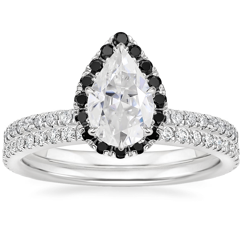 18KW Moissanite Waverly Diamond Ring with Black Diamond Accents with Luxe Ballad Diamond Ring, top view