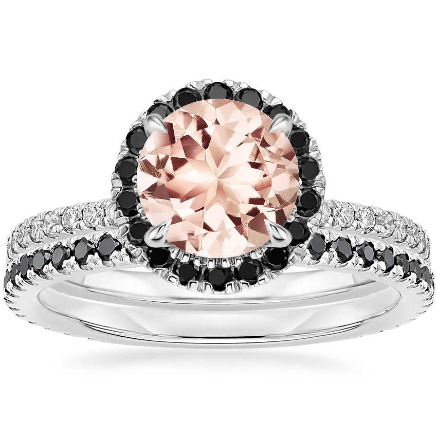 18KW Morganite Waverly Diamond Ring with Black Diamond Accents with Luxe Ballad Black Diamond Ring, top view
