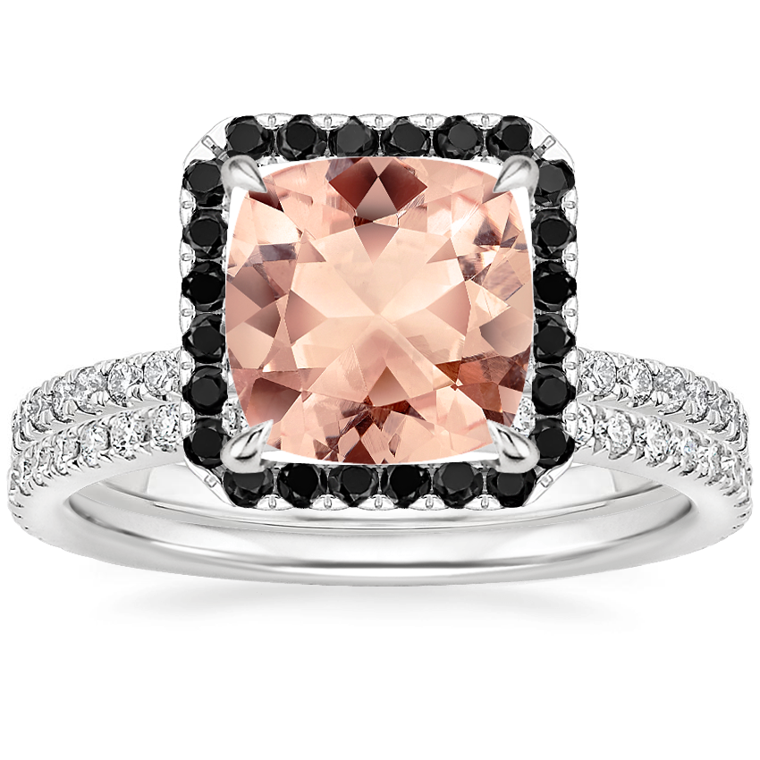 18KW Morganite Waverly Diamond Ring with Black Diamond Accents with Luxe Ballad Diamond Ring, top view