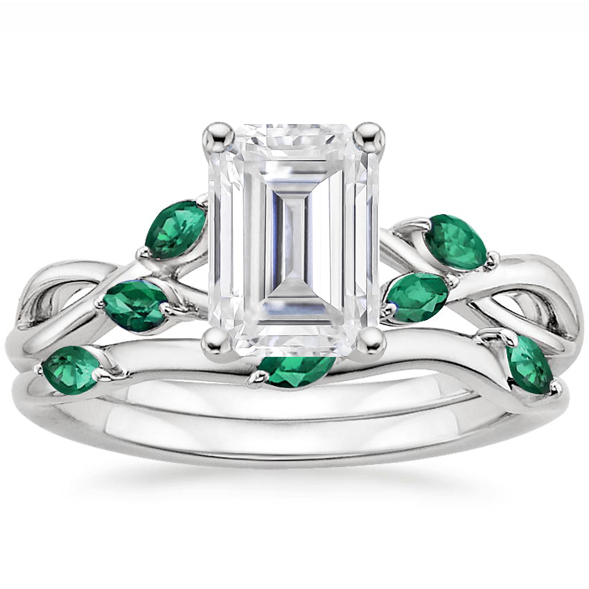 18KW Moissanite Willow Bridal Set With Lab Emerald Accents, top view