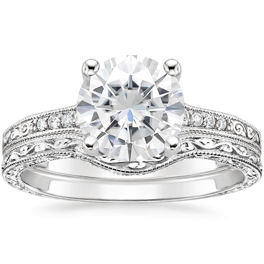 Moissanite Contoured Luxe Hudson Diamond Bridal Set in 18K White Gold