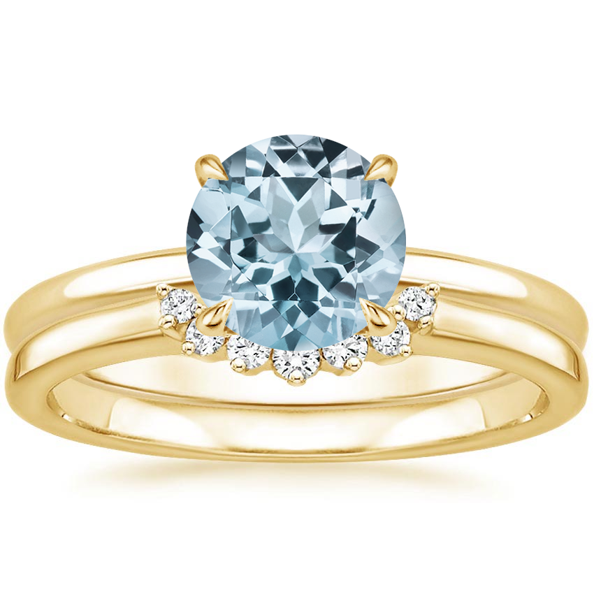 18KY Aquamarine Elodie Ring with Crescent Diamond Ring, top view