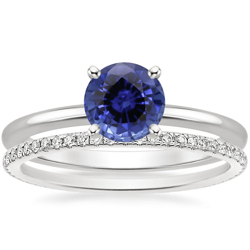 18KW Sapphire Four-Prong Petite Comfort Fit Ring with Whisper Eternity Diamond Ring, top view