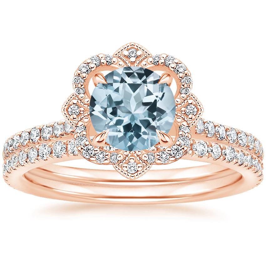 14KR Aquamarine Reina Diamond Ring with Luxe Ballad Diamond Ring (1/4 ct. tw.), top view